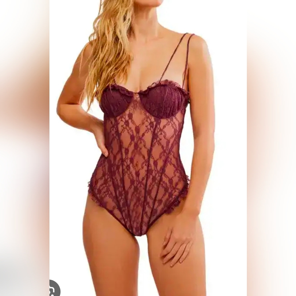 Free People X‎ Intimately Lace Bodysuit in Deep Burgundy Small